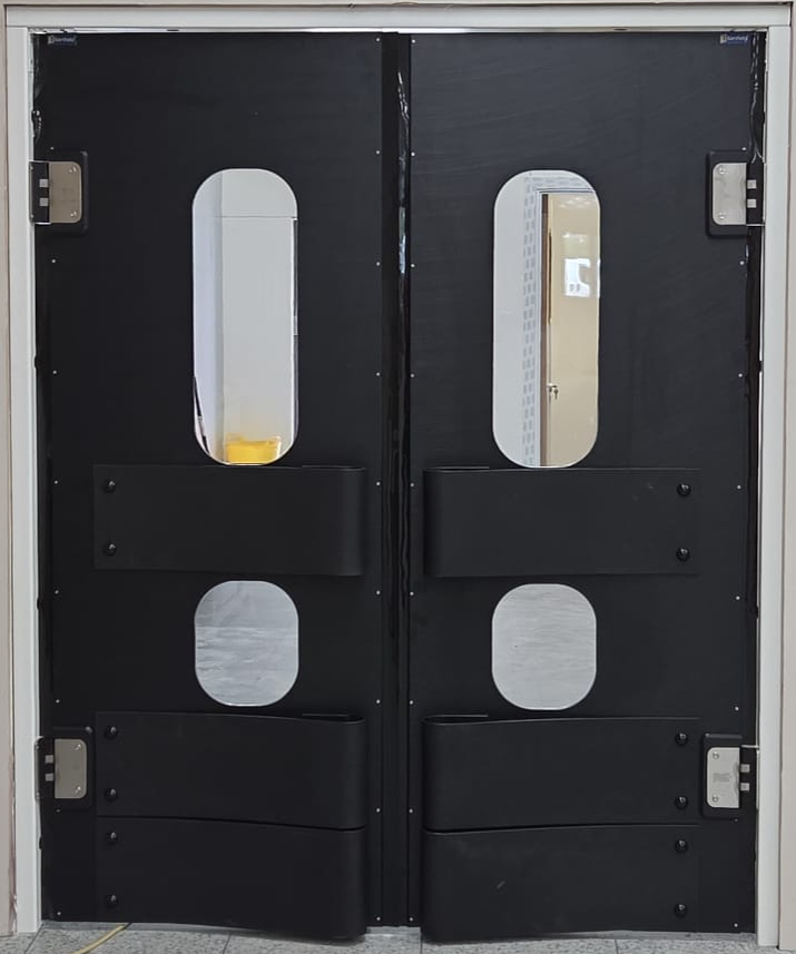 K150 black polyethylene double swing doors with vision panels and bumpers